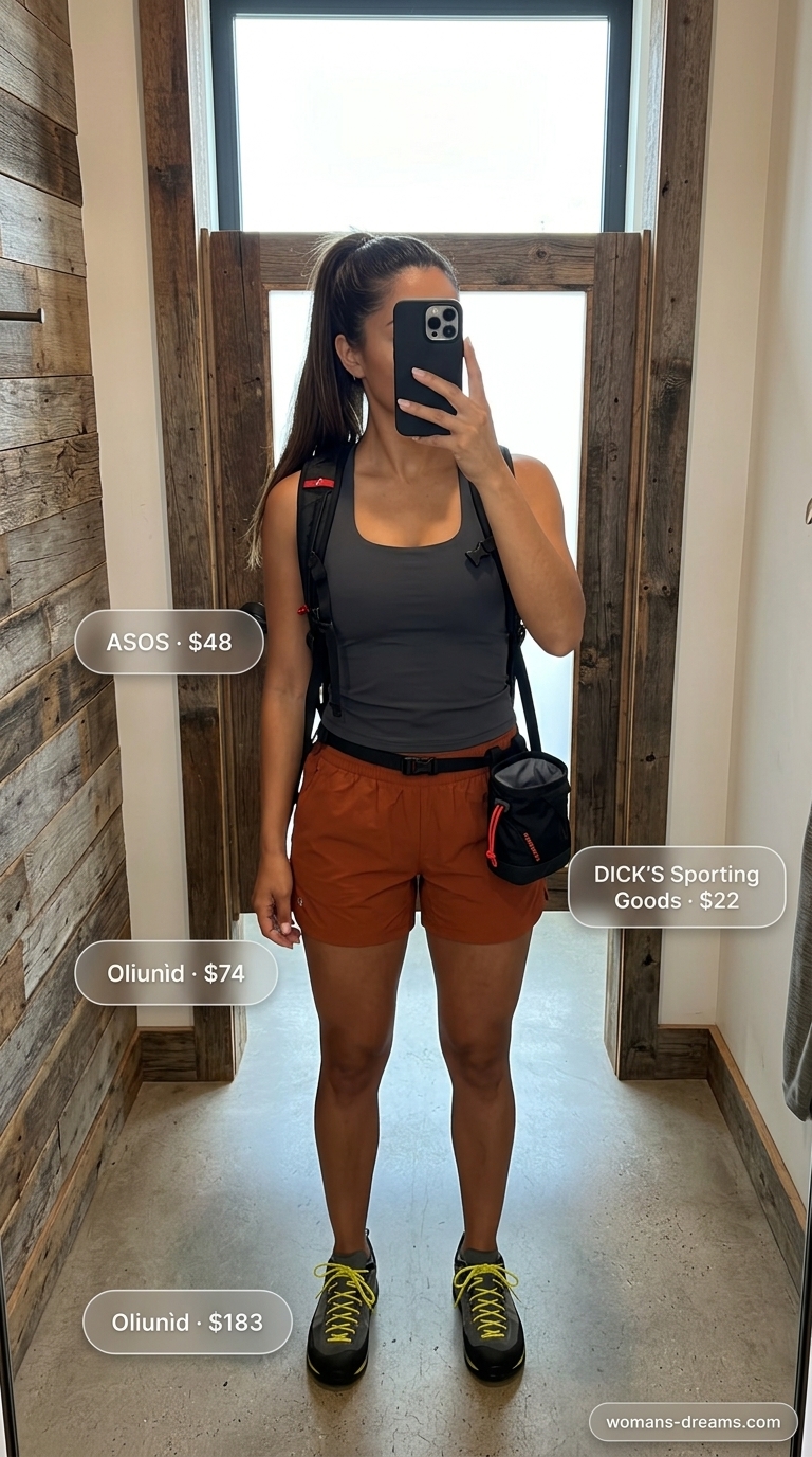 A technical sporty hiking outfit for women summer 2026, featuring rust orange climbing shorts, a charcoal sleeveless tank, black approach shoes, and a small climbing backpack for canyon scrambling.
