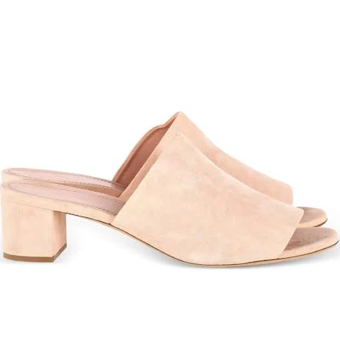 Block Heel Mule Sandals In Pastel Pink Suede In Beige