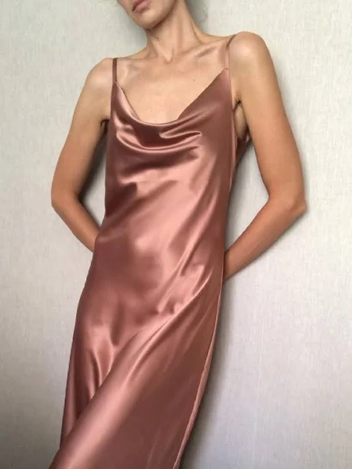 Rose Gold Cowl Neck Silk Satin Midi Length Slip Dress