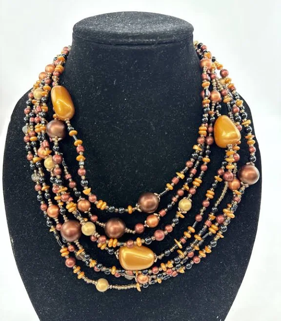 Chico's Brown Multi Stone 7 Layer Strand Beaded Necklace - 17” To 21”