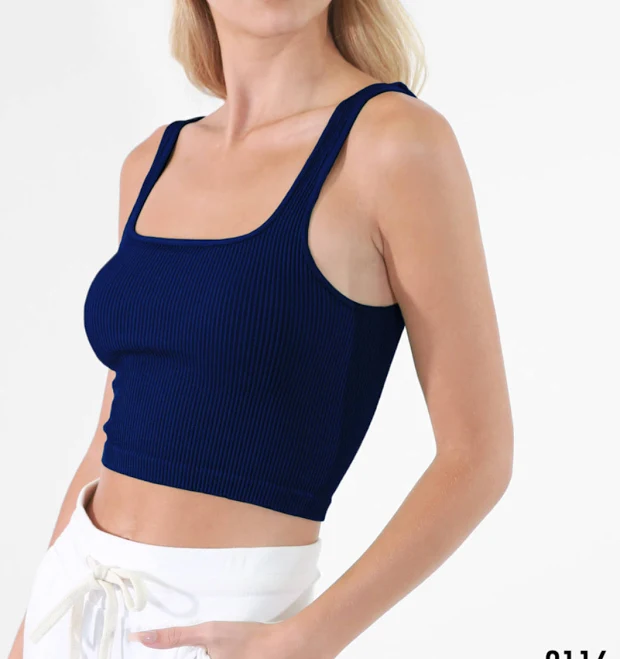 Navy Blue Ribbed Crop Top With Square Neckline