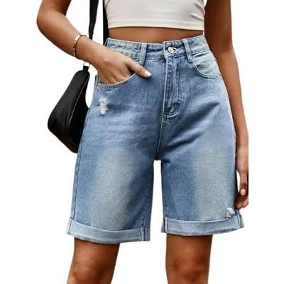 Women's High-Waisted Straight Leg Roll Cuff Denim Shorts with Pockets