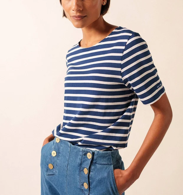 SAINT JAMES LEVANT MODERN Breton Stripe Short Sleeve Shirt Soft Cotton