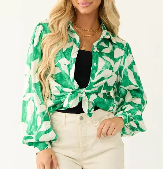 Flying Tomato Jade Leaf Print Satin Shirt