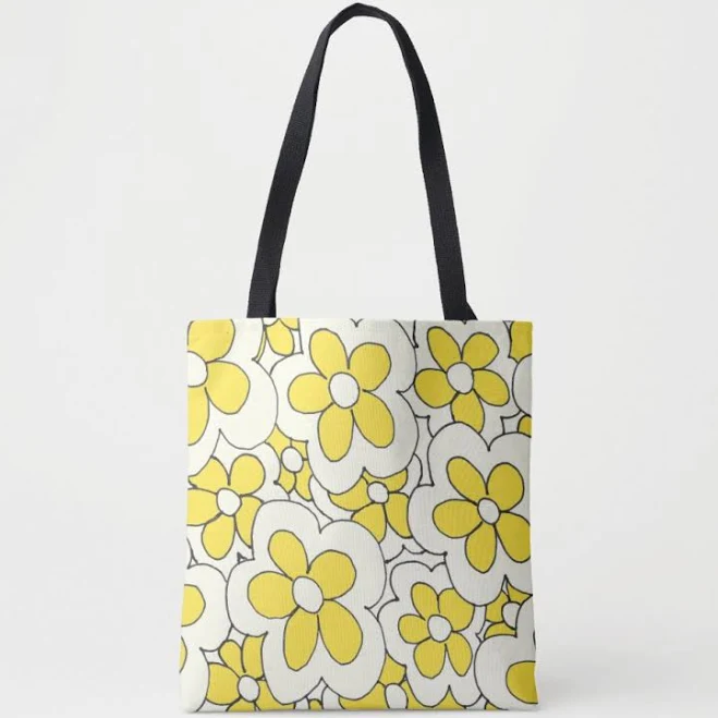 Hand drawn fun flower print yellow white tote bag