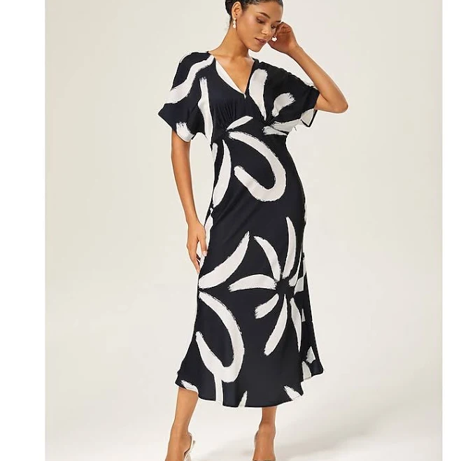 Women's Flowy V Neck Short Sleeve Abstract Print Maxi Dress