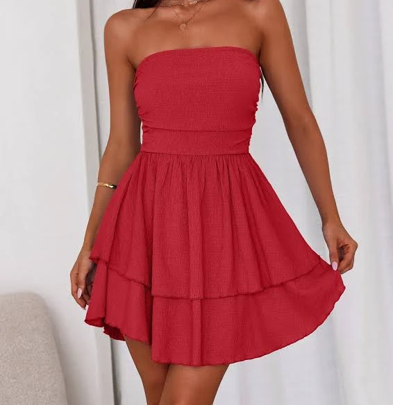 Prettygarden Women's Off Shoulder Smocked Ruffle A-Line Flowy Dress