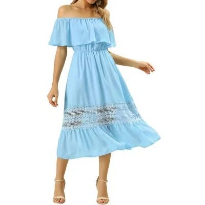 Inspire Chic Women's Off Shoulder Ruffle Flutter Sleeve Lace Maxi Dress