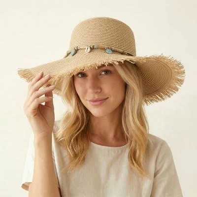 Women's Wide Brim Straw Floppy Hat with Frayed Edges