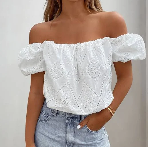 Prettygarden Women's Off The Shoulder Embroidered Puff Short Sleeve Blouse