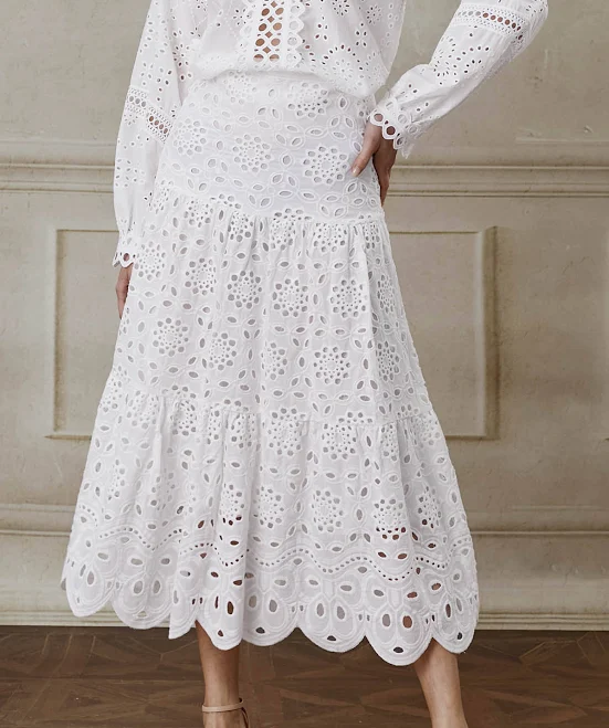 Floral Eyelet Embroidery Scalloped Hem Maxi Skirt
