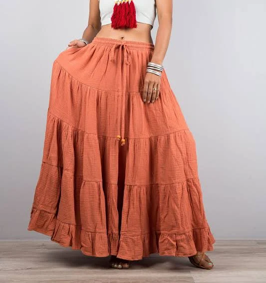 Women's Double Cotton Gauze Tiered Peasant Maxi Skirt with Pockets