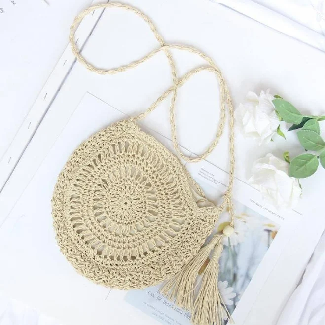 Rattan Handbags Round Tassel Straw Crossbody Summer Handmade Woven Beach Tote | eBay