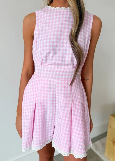 Rosalie Gingham Lace Romper Pink / L