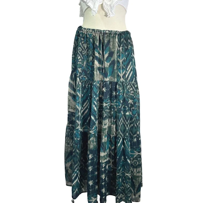 Zara Tiered Maxi Skirt Teal Abstract Print Elastic Waist Drawstring