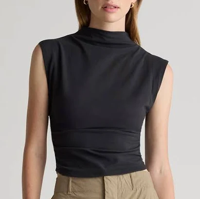 Stretch Cotton Jersey Sleeveless Mock Neck Top in Black