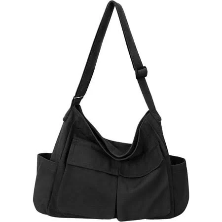 iAugo Canvas Messenger Bag Large Hobo Crossbody Bags with Multiple Pockets,School Vintage Shoulder Laptop Bag for Women and Men-Black