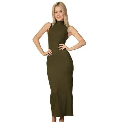 Slickblue Women's Rib Knit Mock Neck Maxi Dress with Slits
