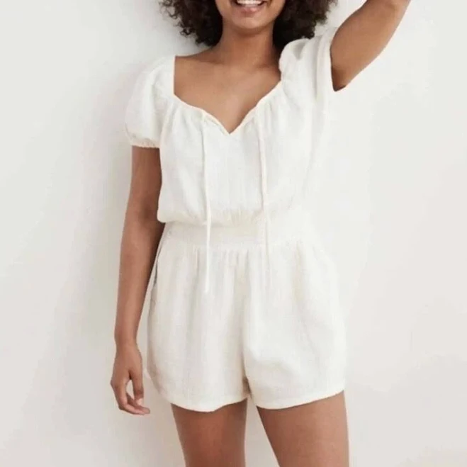 Aerie Puff Sleeve Crinkle Knit Romper Cream White Womens Size Xl