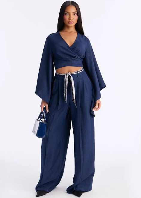 Fashion Nova Long Sleeve Cropped Blouse and Wide Leg Pant Set