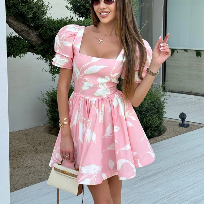 Square Neck Puff Sleeve Mini Dress