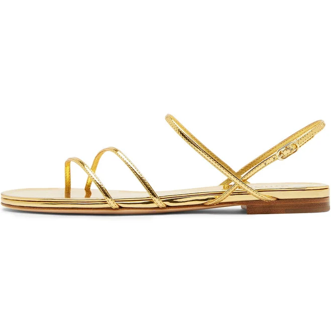 Metallic Gold Round-Toe Strappy Flat Sandals
