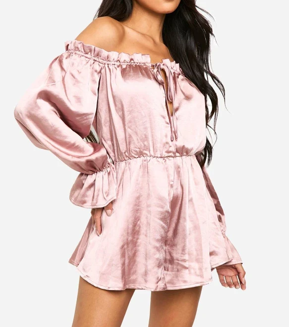 Blush Bardot Ruched Satin Playsuit | Boohoo USA