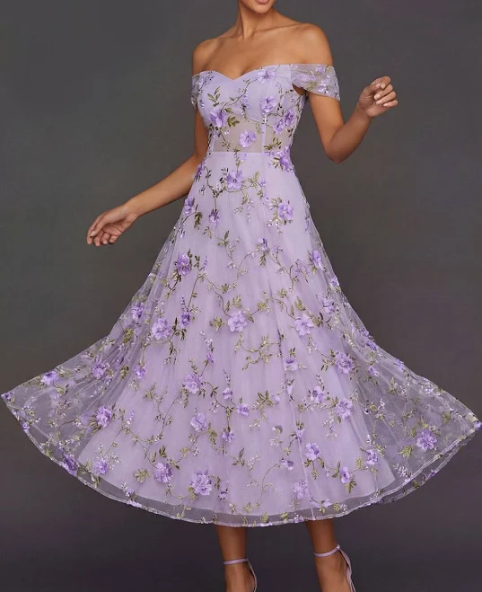 A Line Floral Lilac Off the Shoulder Appliqued Midi Formal Dress
