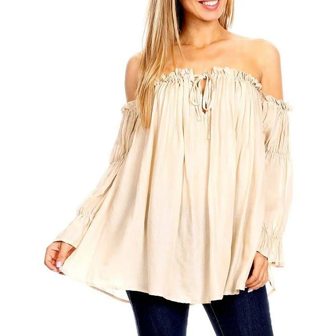 Women's Semi Sheer Boho Peasant Off The Shoulder Casual Top