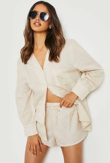 Stone Linen Look Boyfriend Shirt &amp; Relaxed Fit Shorts | Boohoo USA