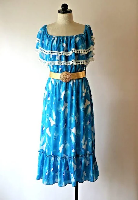 Palms Away Turquoise Blue White Tropical Palm Leaf Off Shoulder Dress