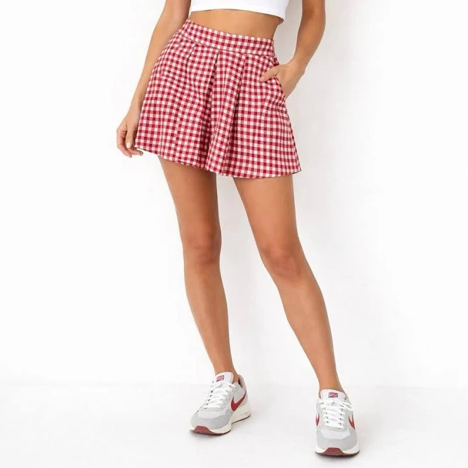 Zara Gingham Pleated High Waisted Shorts Red White Size Xs