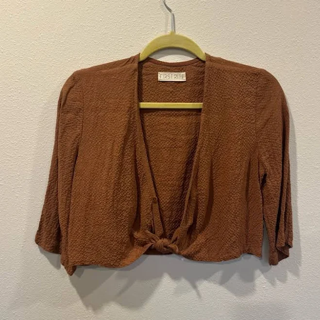 First Rite Women's Tie Front V-Neck Cropped Linen Blouse