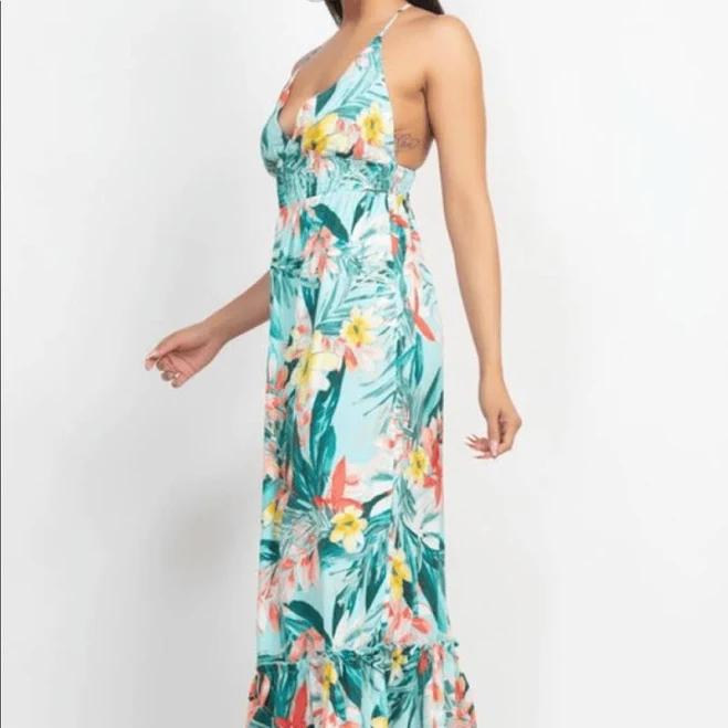 Aqua Teal Tropical Floral Maxi Dress