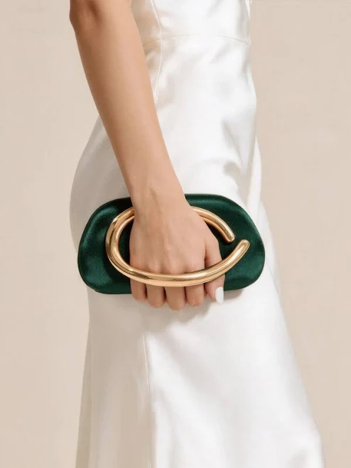 Luxury Emerald Green Satin Clutch Bag With Statement Gold C Handle, Elegant High-End Evening Handbag For Wedding, Engagement Party, Prom & Formal