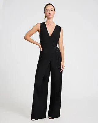 Express Women's V-Neck Sleeveless Surplice Belted Wide Leg Jumpsuit