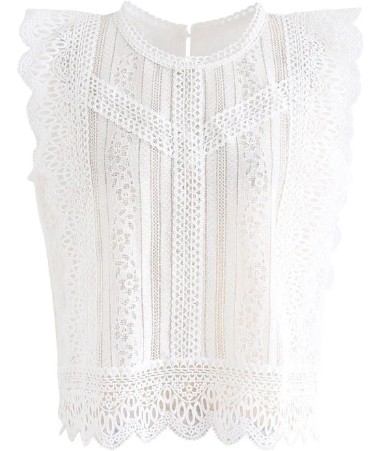 Women Crochet Trim Sleeveless Lace Top White
