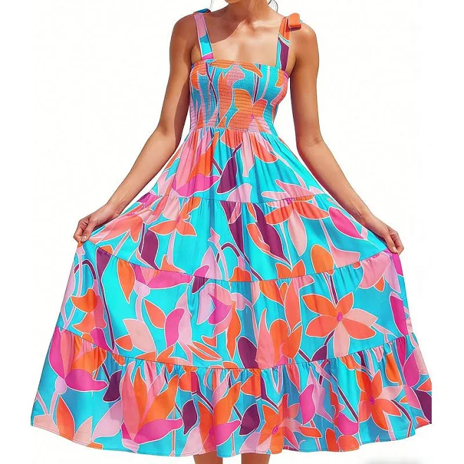 Women's Tropical Print Maxi Dress Square Neck Tie Strap Tiered Flowy Summer Beach Dress
