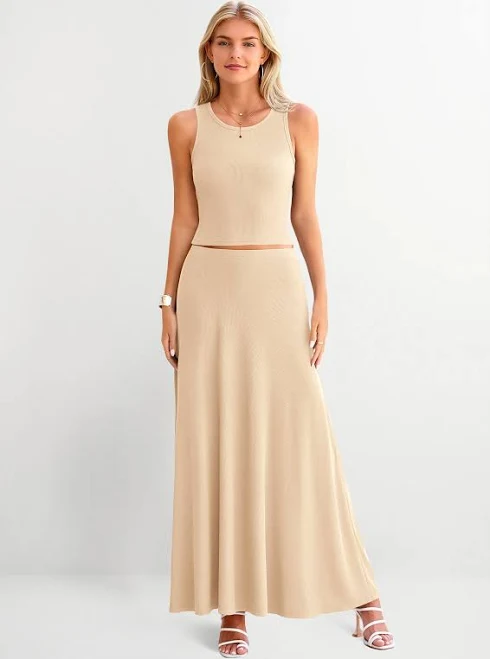 Prettygarden 2 Piece Cropped Maxi Skirt Set