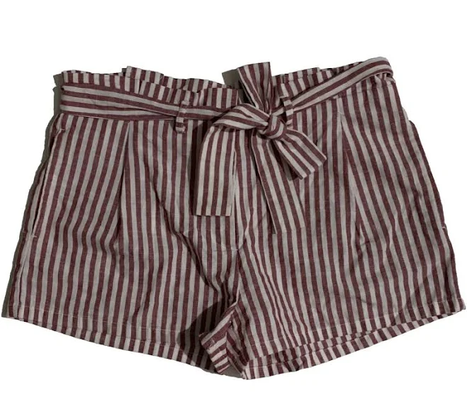 Red White Striped Casual Shorts Belted Elastic Waist Retro Short Medium