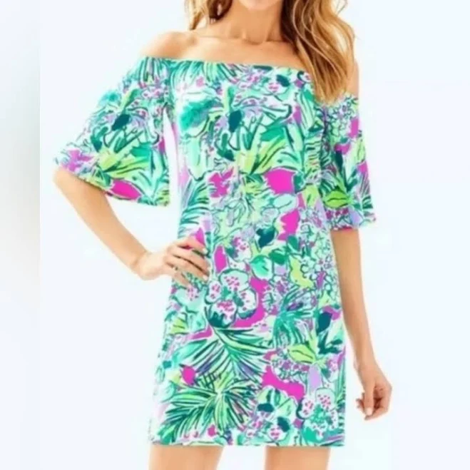 Lilly Pulitzer Tropical Off-Shoulder Dress - Pink, Green, Blue