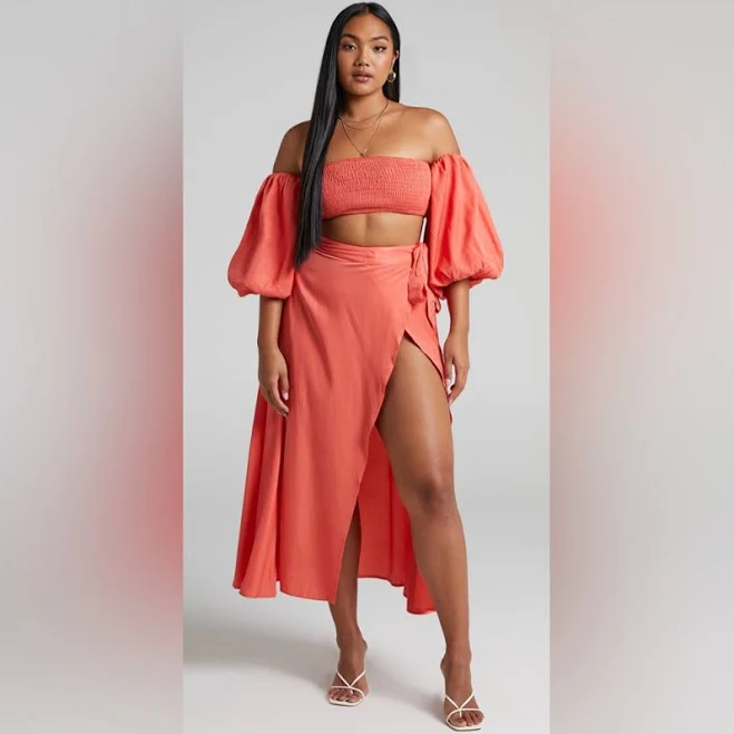 Showpo Steffie Two Piece Shirred Off Shoulder Crop Top and Wrap Midi Skirt