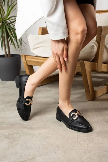 Women's Leather Penny Loafers with Gold Buckle