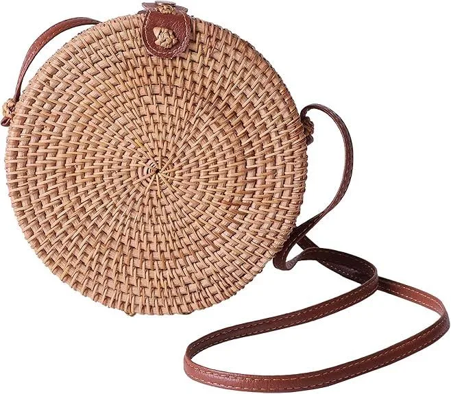 Fine Living Women's Round Boho Rattan Crossbody Bag
