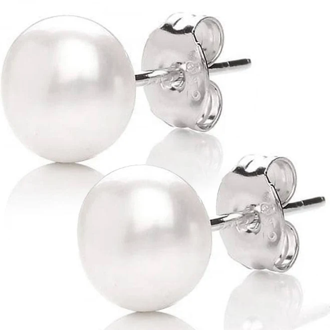 Mabella 925 Sterling Silver AAA Genuine Freshwater Cultured Pearl White Button Stud Earrings Jewelry Gifts for Women, 7mm