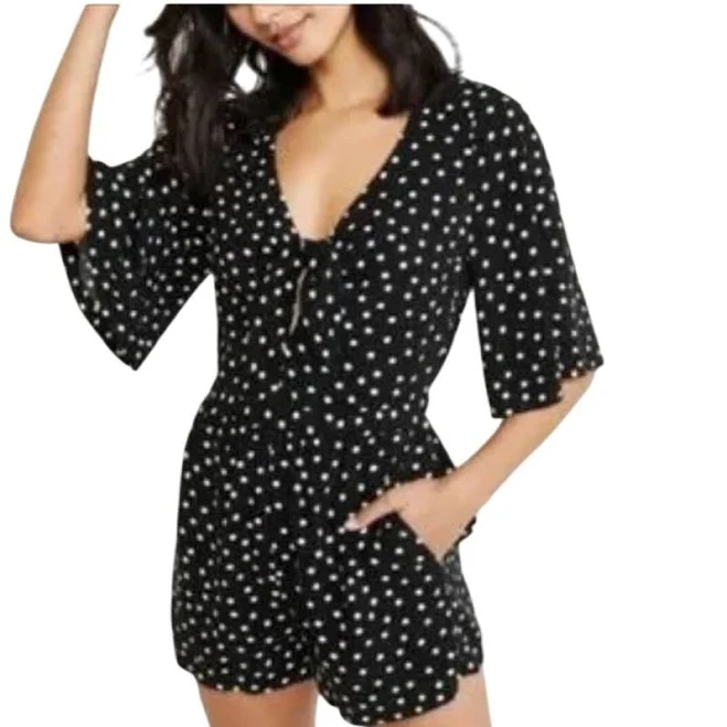 Abercrombie Fitch Polka Dot Romper Womens M Tie Front Flutter Sleeve Black White