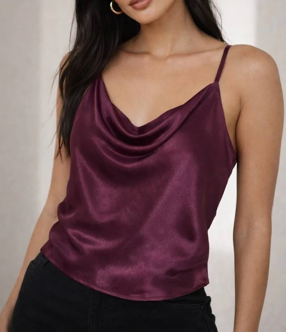 Zara Women Satin Cowl Neck Camisole Top Plum Eggplant Spaghetti Strap