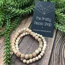 Wood Bead Bracelets - Natural Wood - Neutral - Stackable Bracelets - Stretchy