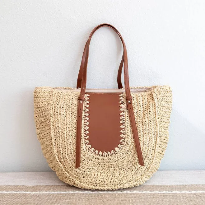 Elena Straw Woven Round Tote with Brown Leather Accents