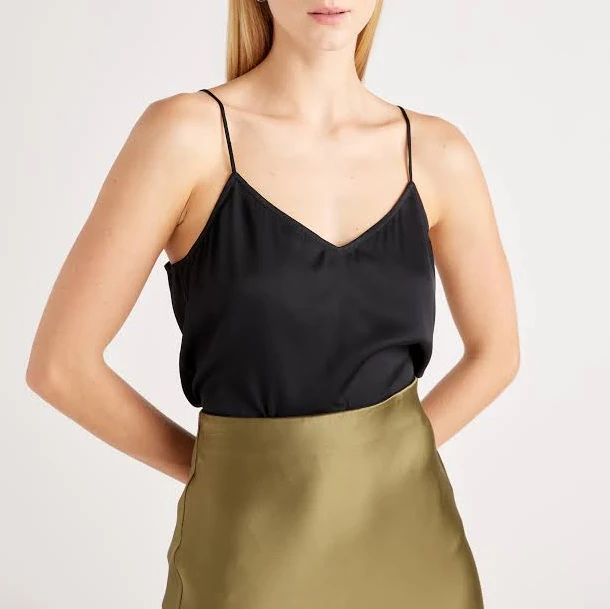 Washable Stretch Silk V-Neck Cami in Black